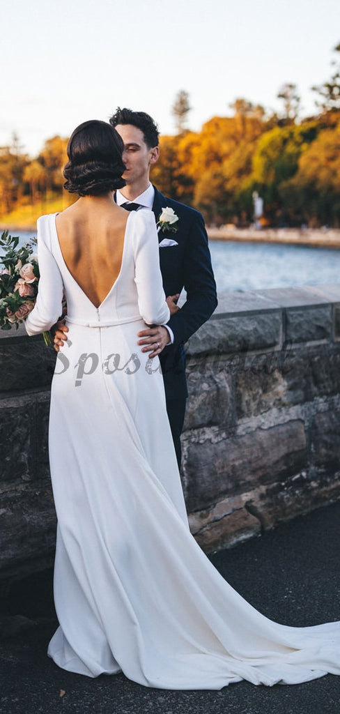 White Satin Long Sleeve V-neck With Train Simple Wedding Dresses WD370