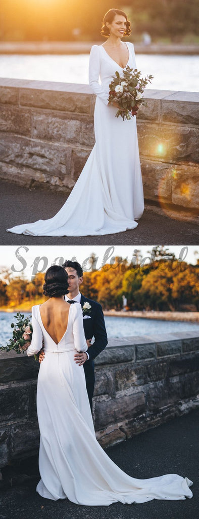 White Satin Long Sleeve V-neck With Train Simple Wedding Dresses WD370