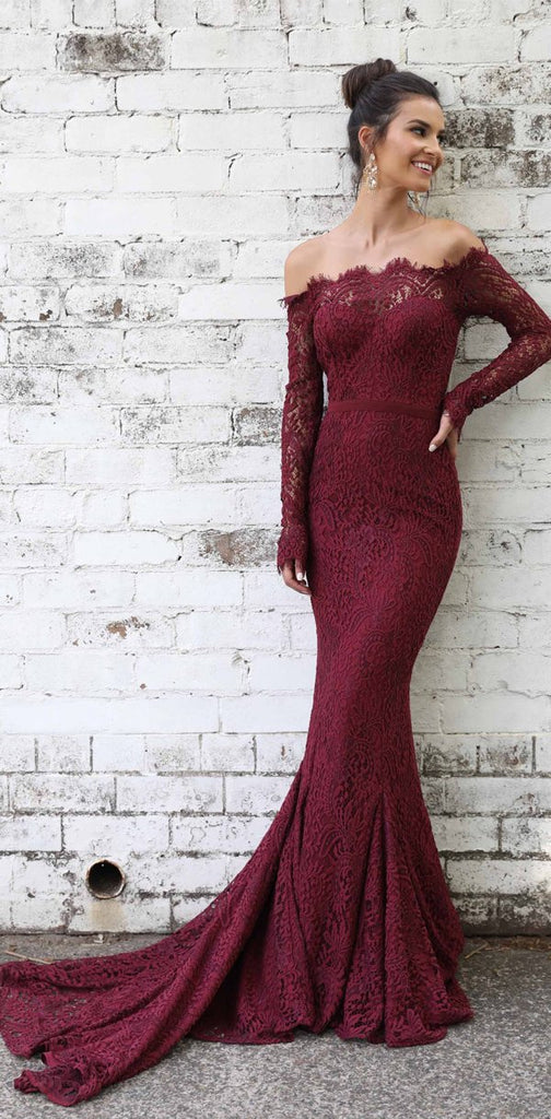 Elegant Mermaid Off-the-Shoulder Burgundy Lace Long Sleeves Prom Party Dresses, PD0867