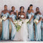 Baby Blue Sparkly Spaghetti Strap V-neck Off-shoulder Mermaid Long Bridesmaid Dress, BD3085