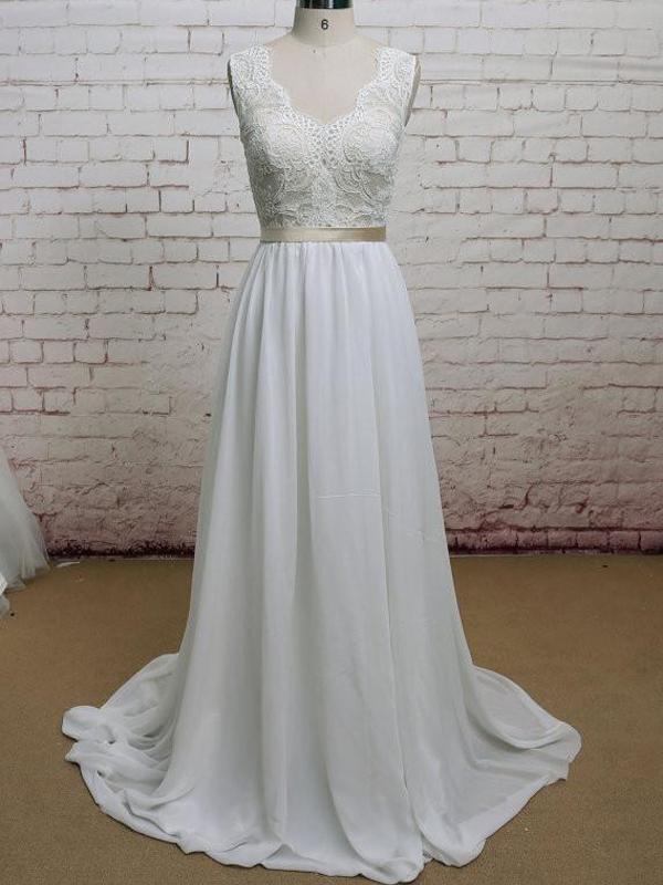 Backless V Neck Cap Sleeve Lace Simple Cheap Beach Wedding Dresses, WD323 - SposaBridal