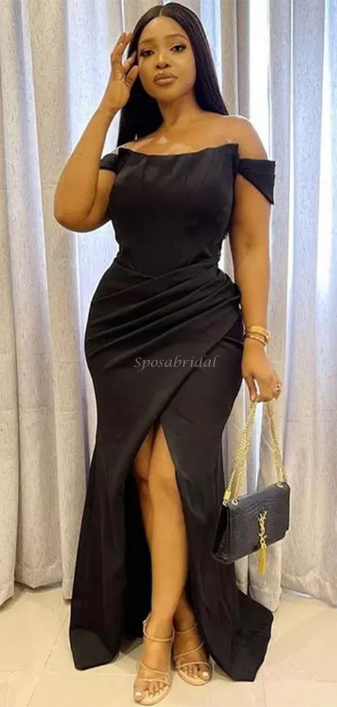 Black Sexy Simple Off-shoulder Pleats Side-slit Mermaid Long Bridesmaid Dresses, BD3279