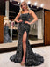 Black Sparkly Sequin Halter Side-slit Mermaid Long Prom Dress, PD3535