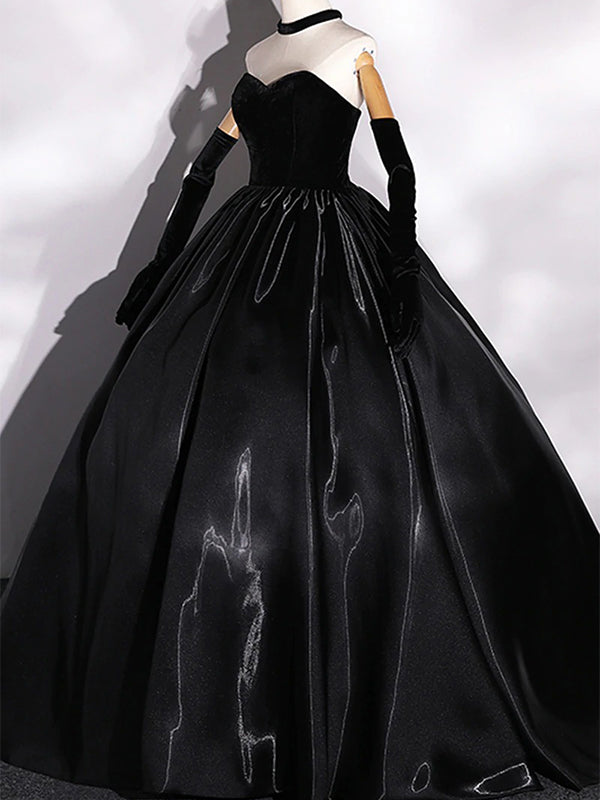 Black Velvet Liquid Satin Top Strapless Sweetheart A-line Long Prom Dress, PD3538