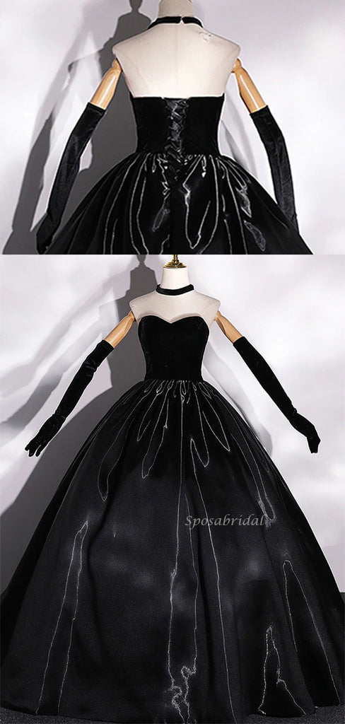 Black Velvet Liquid Satin Top Strapless Sweetheart A-line Long Prom Dress, PD3538