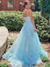 Blue Floral Spaghetti Straps Straight-across High-low Side-slit Long Prom Dress, PD3290