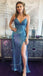 Blue Mermaid Spaghetti Straps V-neck Sexy Side-slit Lace Top Prom Dress, PD3427