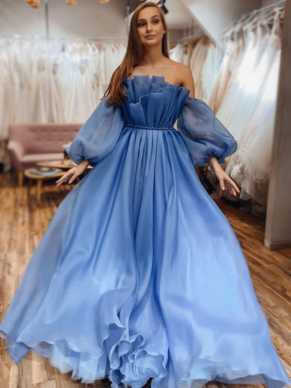 Blue Off-shoulder Elegant Ruffle Top Bubble Sleeves A-line Long Prom Dress, PD3295