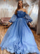 Blue Off-shoulder Elegant Ruffle Top Bubble Sleeves A-line Long Prom Dress, PD3295