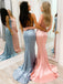 Blue Or Pink Open Lace Up Back Spaghetti Straps Mermaid Long Bridesmaid Dress, PD3511
