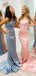 Blue Or Pink Open Lace Up Back Spaghetti Straps Mermaid Long Bridesmaid Dress, PD3511