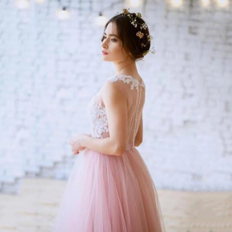 Blush Pink Lace Top Bohemian A-line Long Prom Dress, PD3362