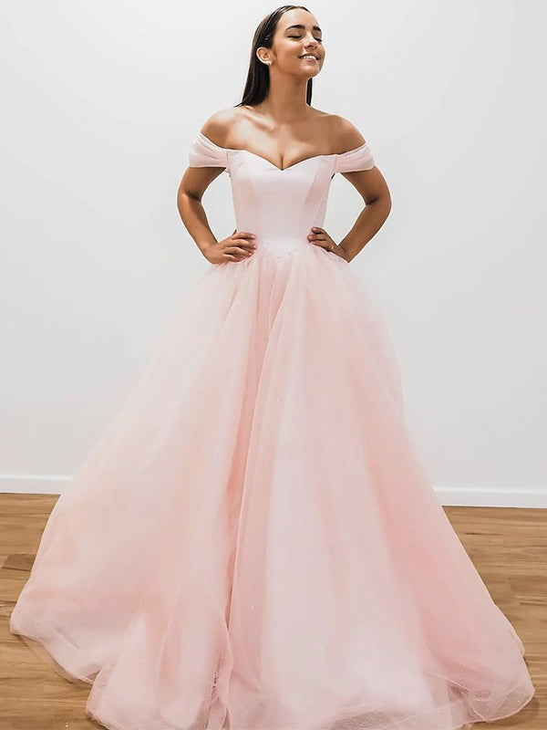 Blush Pink Off-shoulder V-neck Lace-up Back A-line Long Prom Dress, PD3474