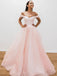 Blush Pink Off-shoulder V-neck Lace-up Back A-line Long Prom Dress, PD3474