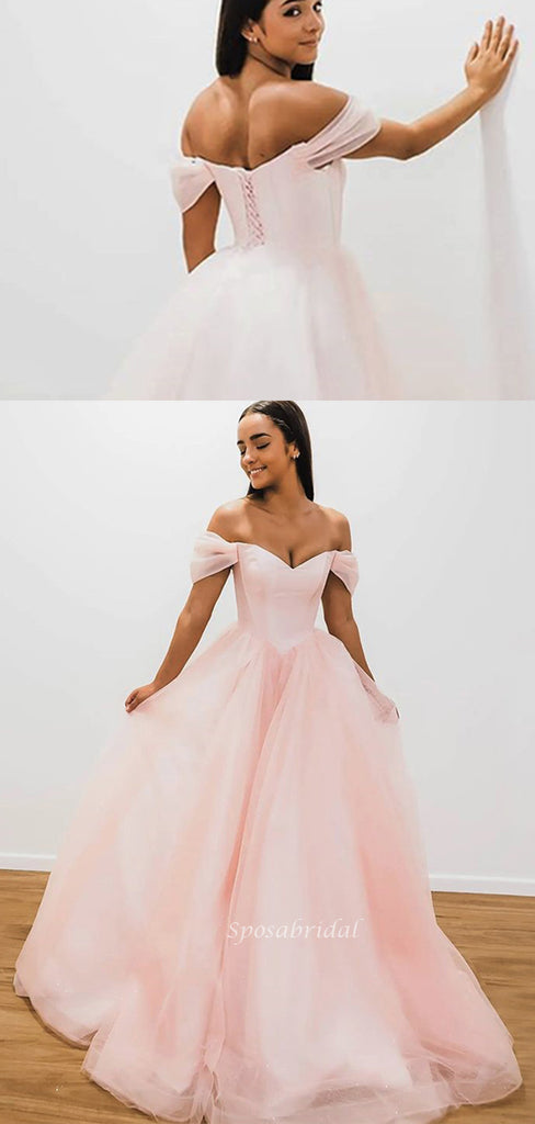 Blush Pink Off-shoulder V-neck Lace-up Back A-line Long Prom Dress, PD3474