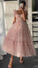 Blush Pink Ruffle Straps A-line Tea-length Tulle Prom Dress, Princess Gown, PD3332