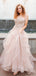 Blush Pink Straight Across Lace Top A-line Tulle Asymmetric Long Prom Dresses, PD3458