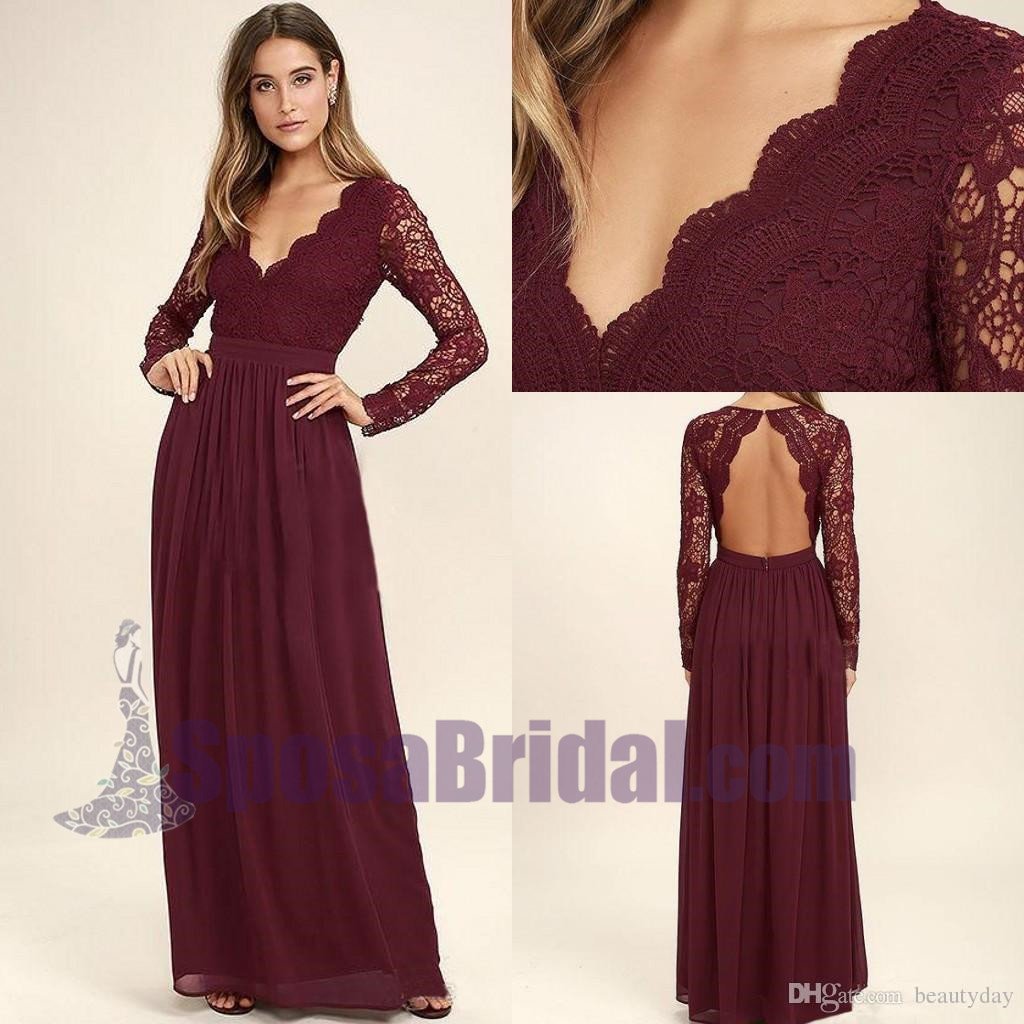 2019 Cheap Chiffon Lace top Long Sleeves Custom Most Popular Open Back Bridesmaid Dress , WG215 - SposaBridal