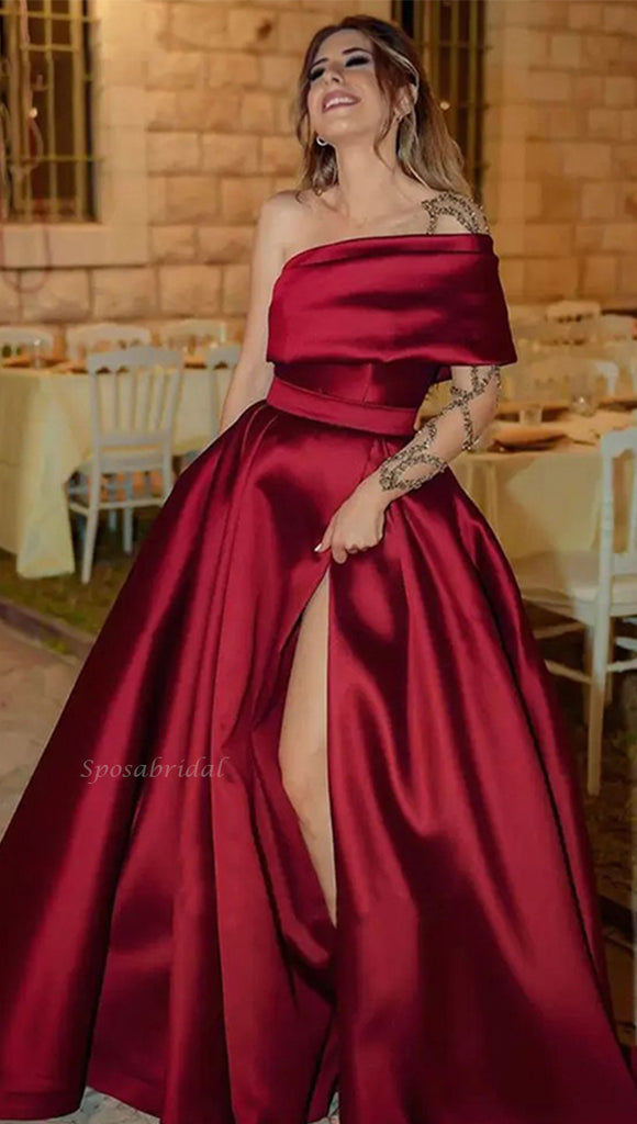 Burgundy One-shoulder Side-slit A-line Long Prom Dress, PD3382