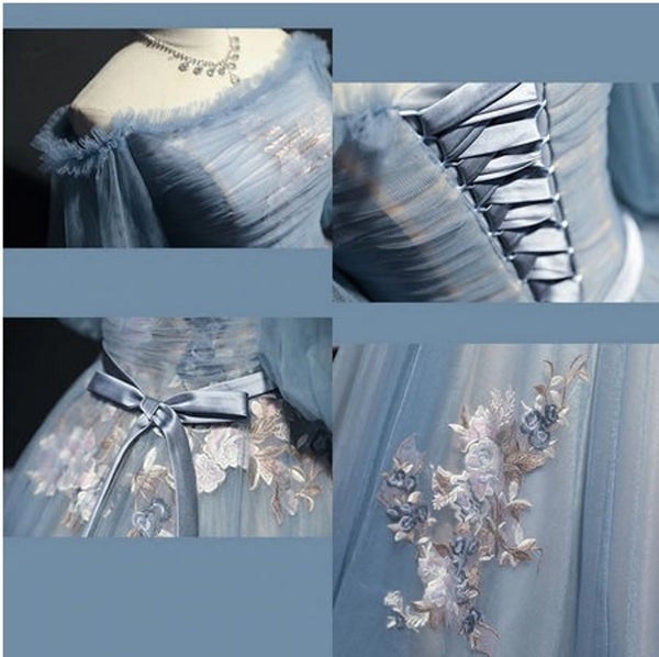 Elegant Blue Victorian Style Lace A-line Pleats Long Tulle Prom Dress, PD00076