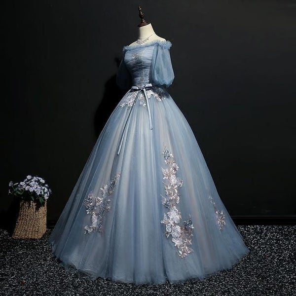 Elegant Blue Victorian Style Lace A-line Pleats Long Tulle Prom Dress, PD00076