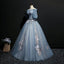 Elegant Blue Victorian Style Lace A-line Pleats Long Tulle Prom Dress, PD00076