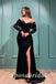 Sexy Velvet And Sequin Off Shoulder V-Neck Long Sleeve Side Slit Mermaid Long Prom Dresses, PD3586