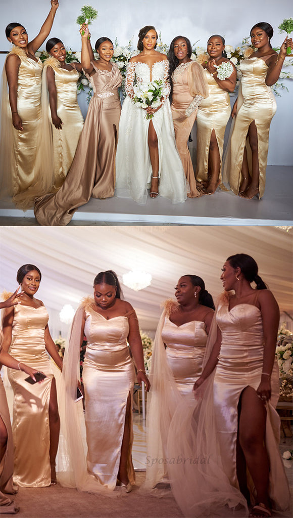 Champagne Gold V-neck Spaghetti Straps Mermaid Long Prom Dress, BD3264