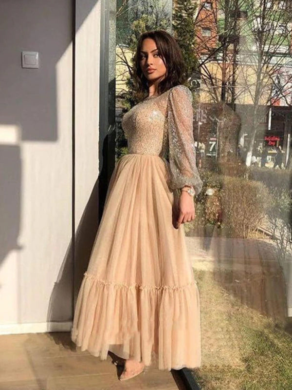 Champagne Sparkling Long Sleeves A-line Tulle Ankle-length Prom Dress, PD3240
