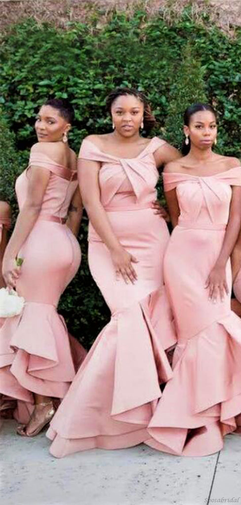 Charming Pink Off-shoulder Mermiad Ruffle Trumpet Long Bridesmaid Dress, BD3219