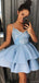 Cute Baby Blue Spaghetti Strap V-neck A-line Short Homecoming Dress, HD3038