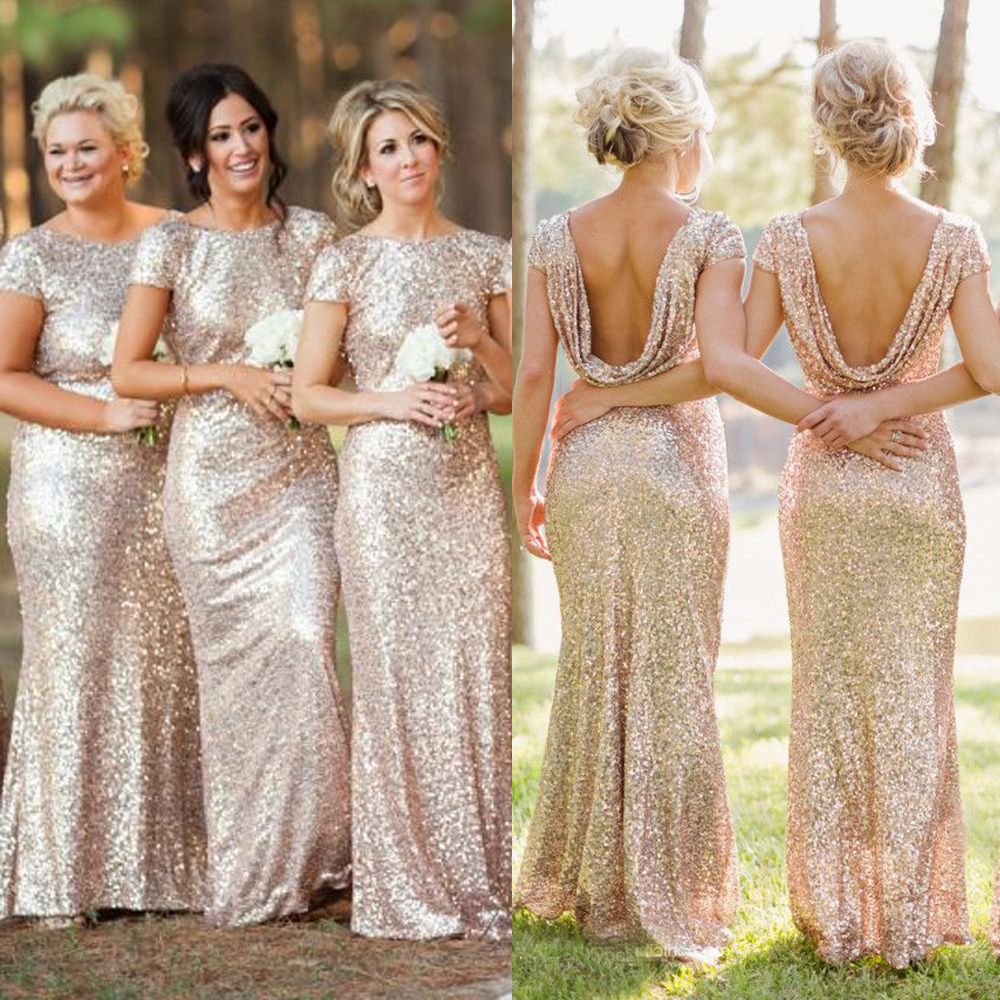 Sparkly Elegant Mermaid Champagne Cap-sleeve Long Bridesmaid Dresses, WG04