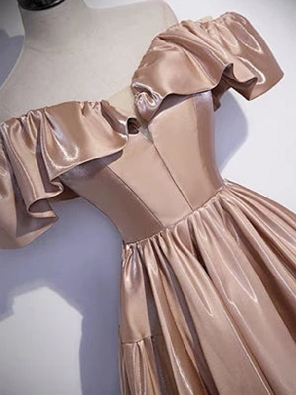 Dusty Pink Ruffle Off-shoulder A-line Long Lace Up Back Prom Dress, PD3447