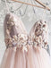 Dusty Pink Spaghetti Strap Floral Applique A-line Long Tulle Prom Dress, PD3162