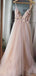 Dusty Pink Spaghetti Strap Floral Applique A-line Long Tulle Prom Dress, PD3162