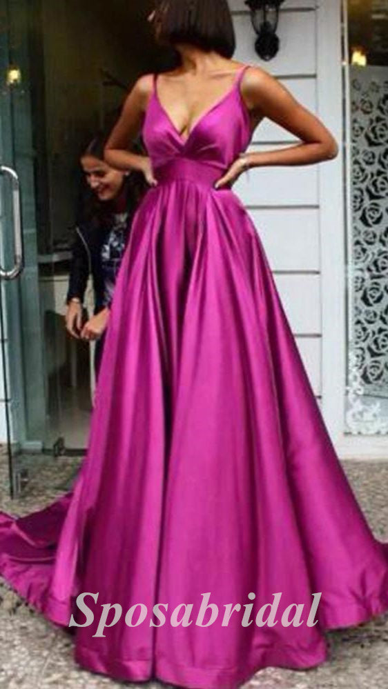 Sexy Soft Satin Spaghetti Straps V-Neck Sleeveless Backless A-Line Long Prom Dresses, PD3581