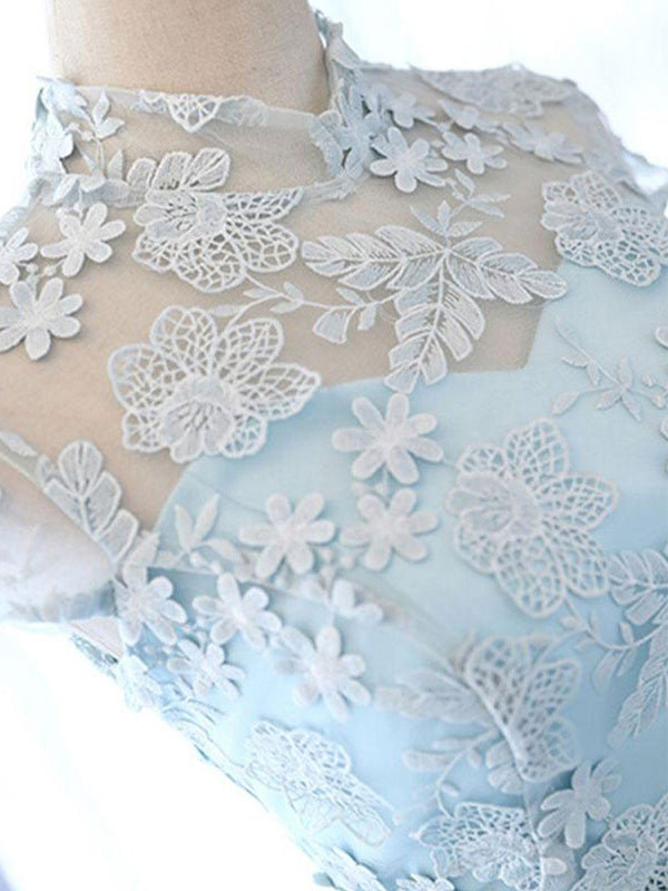 Elegant Baby Blue Illusion Lace Short Sleeve A-line Short Homecoming Dress, HD3040