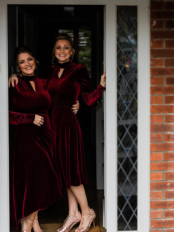 Elegant Burgundy Red Velvet Long Sleeves Tea-length A-line Bridesmaid Dress, BD3191