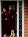 Elegant Burgundy Red Velvet Long Sleeves Tea-length A-line Bridesmaid Dress, BD3191