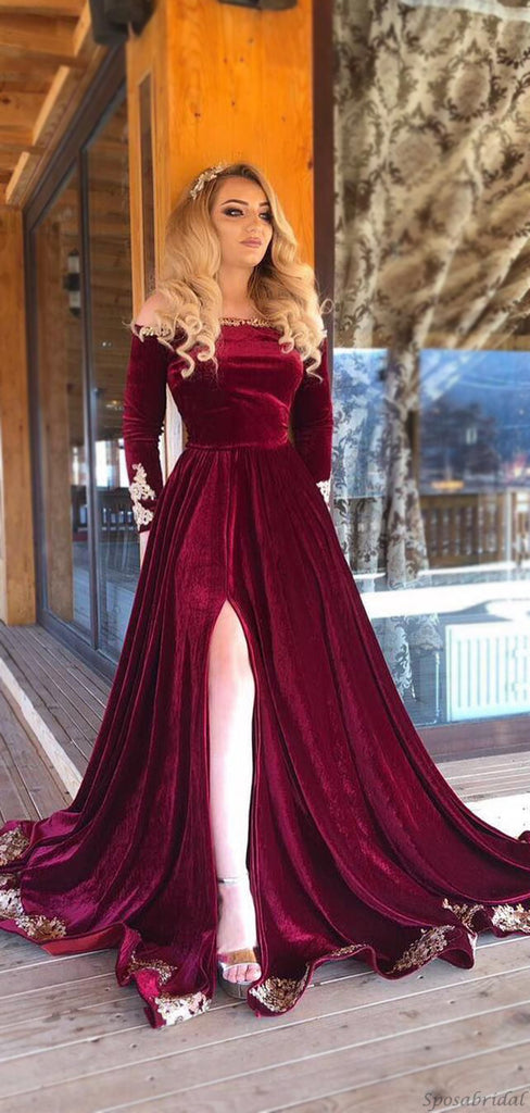 Elegant Burgundy Velvet Off-shoulder Long Sleeves Appliques Side-slit A-line Prom Dress, PD3167