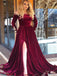 Elegant Burgundy Velvet Off-shoulder Long Sleeves Appliques Side-slit A-line Prom Dress, PD3167