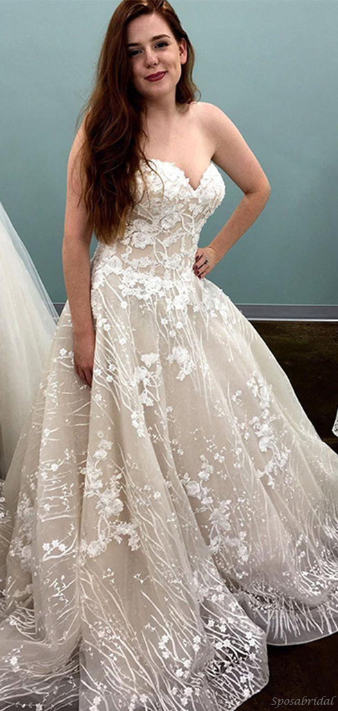 Elegant Champagne Sweetheart Strapless Lace A-line Long Wedding Dress, WD3060