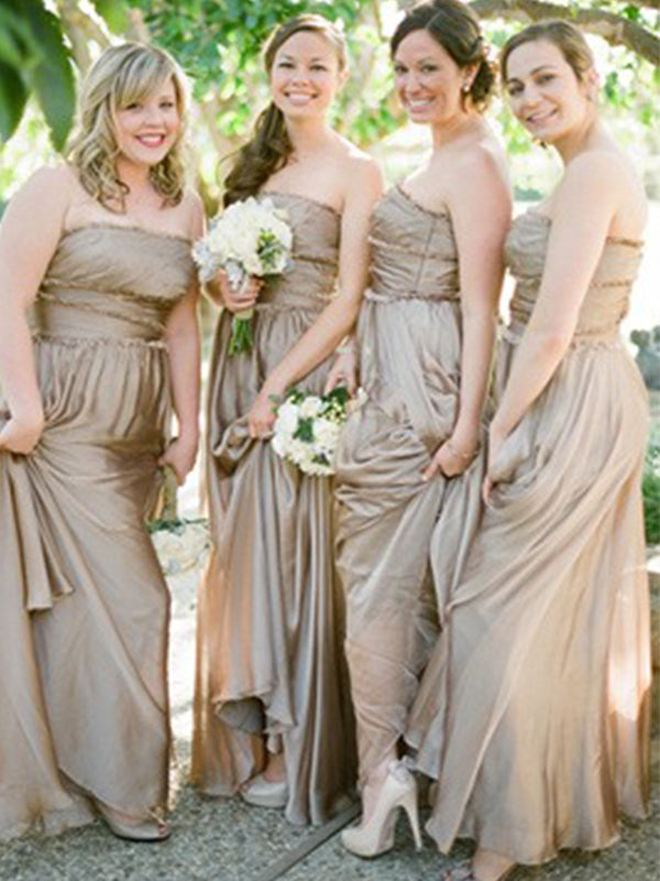 Elegant Dusty Champagne Strapless A-line Pleats Long Bridesmaid Dress, BD3282