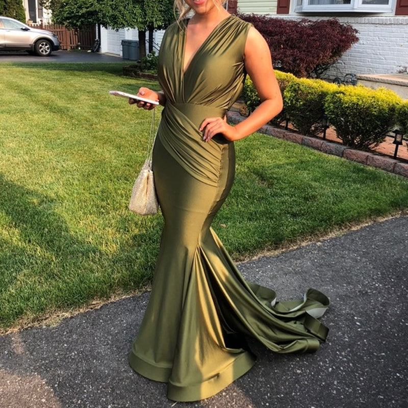Elegant Sage Green Sleeveless V-neck Mermaid Long Prom Dress, PD3108
