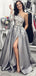 Elegant Grey One-shoulder Floral Top Side-slit A-line Long Prom Dress, PD3251
