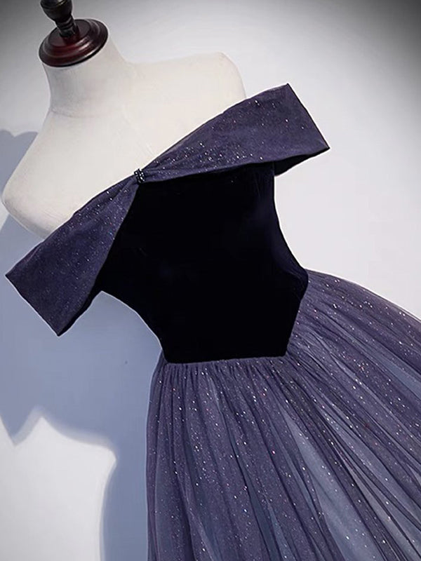 Elegant Navy Blue Sparkly A-line Off-shoulder Long Prom Dress, PD2349