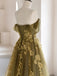 Elegant Off-shoulder Olive Green With Yellow Lace A-line Long Prom Dress, PD3425