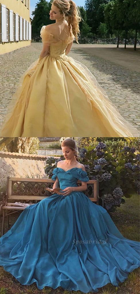 Elegant Off-shoulder Sweetheart Ruffle Neck Teal Or Yellow A-line Prom Dress, PD3442