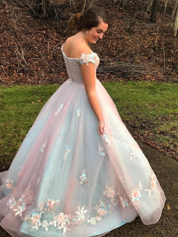 Elegant Pink Blue Off-shoulder Floral A-line Long Prom Dress, PD3201