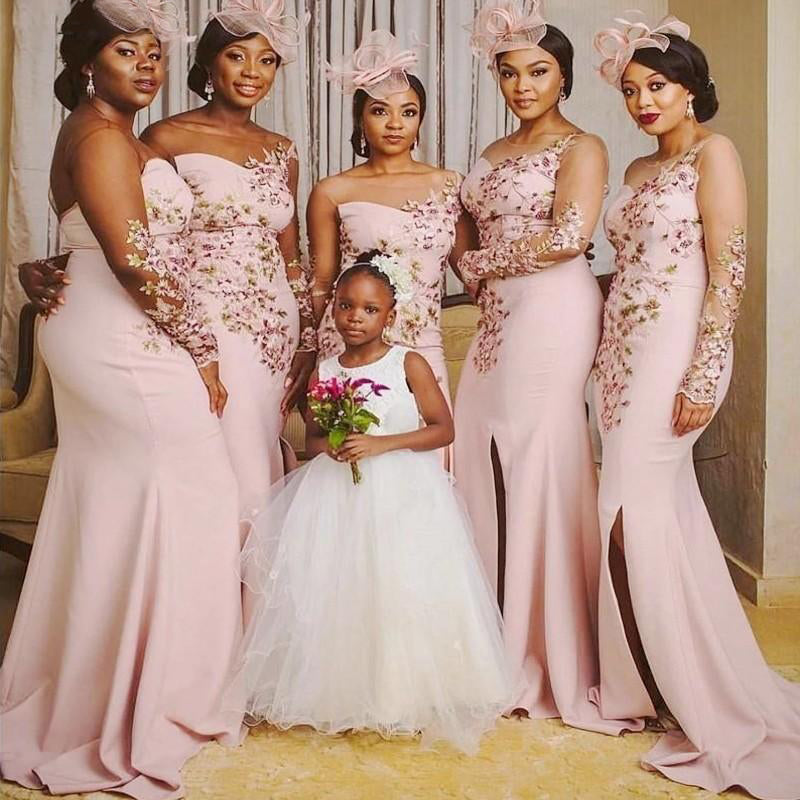 Elegant Pink One-shoulder Floral Lace Mermaid Side-slit Long Bridesmaid Dress, BD3224